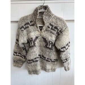 VINTAGE COWICHAN WOOL HANDMADE INDIAN KNIT SWEATER SKI MOUNTAIN GREY